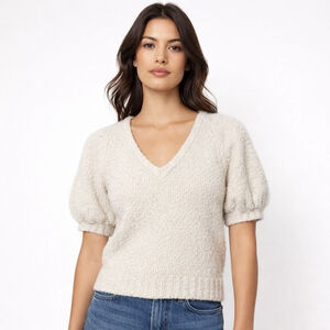 Unsubscribed NWOT Cashmere Wool Fuzzy V Neck Sweater Short Puff Sleeve XS Cream